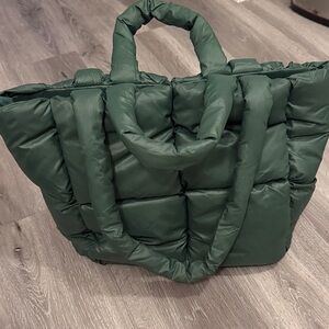 Green Quilted Puffy Tote Bag